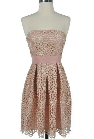 Sweet Honeycomb Lace Overlay Strapless Designer Dress by Minuet in Pink