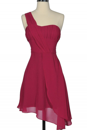 One Shoulder Asymmetrical Hemline Chiffon Designer Dress by Minuet in Berry